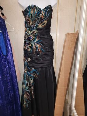 Black Strapless Evening Gown with Multi-Color Peacock Embroidery